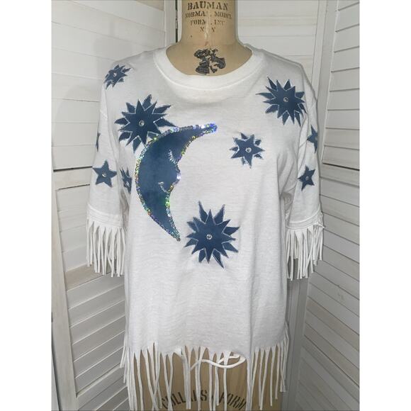 Handmade 80s 90s Southwestern Rodeo Boho Fringe White Shirt Medium Moon Stars - Picture 1 of 10